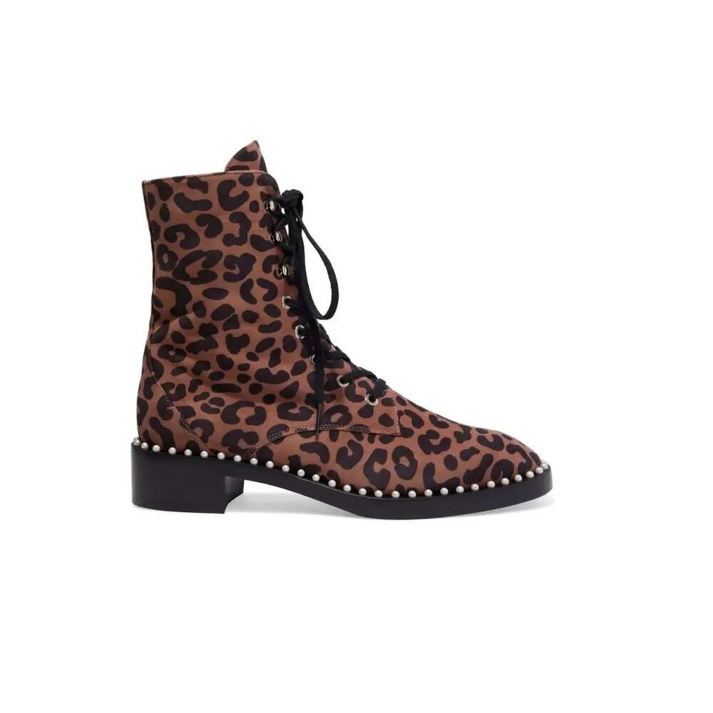 STUART WEITZMAN Sondra Leather leopard suede faux pearl embellished combat boots